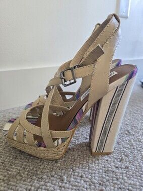 Naughty Monkey |8| Beige Strappy Platform Heels with Patterned Block Heel